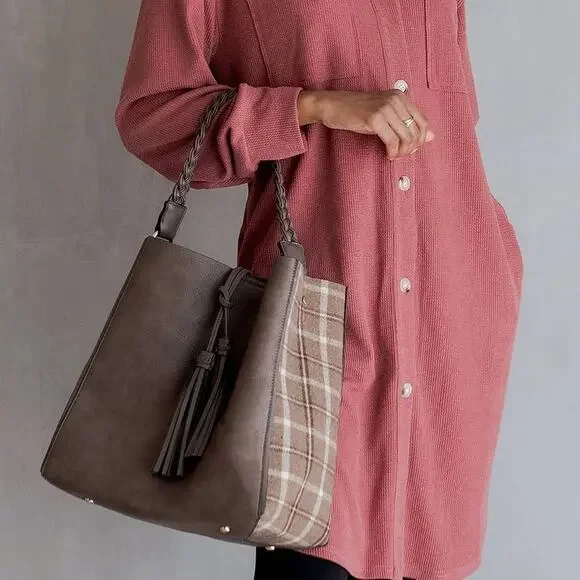 Dina Plaid Contrast Tote with Large Tassel Removable Pouch Rust Cream - Picture 3 of 3